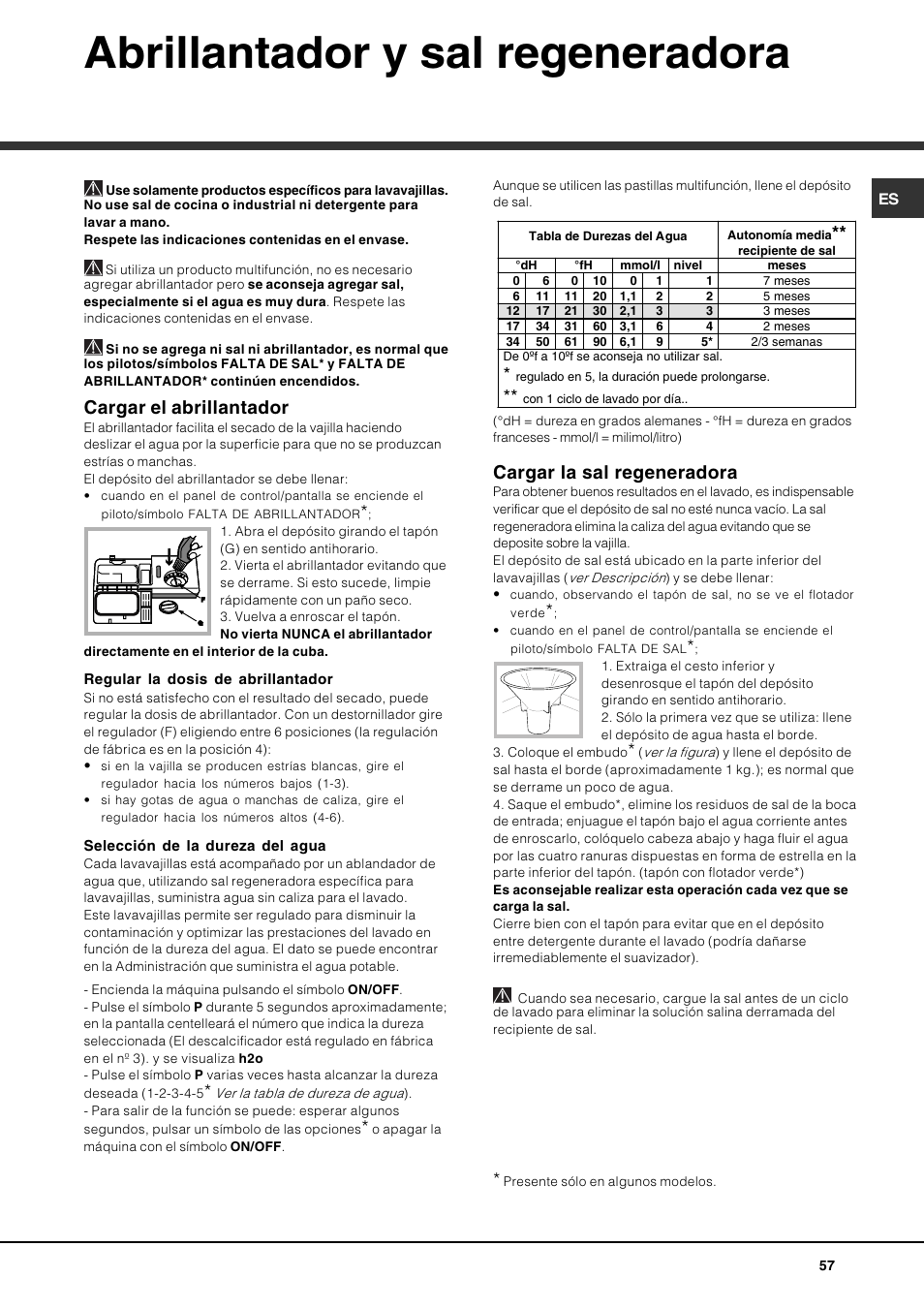 Abrillantador y sal regeneradora, Cargar el abrillantador, Cargar la sal regeneradora | Hotpoint Ariston PFT 834X User Manual | Page 57 / 84
