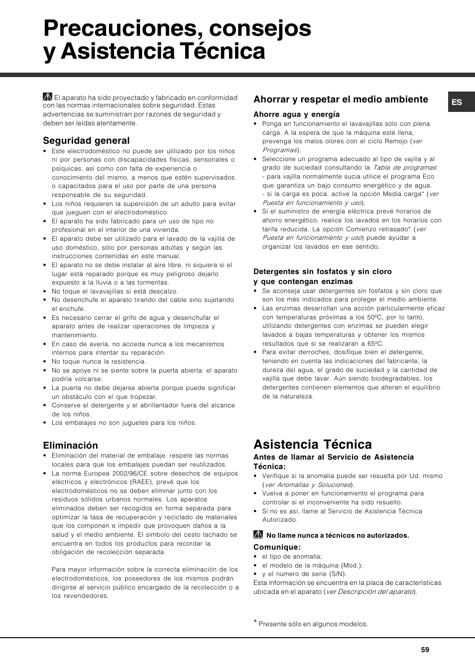 Precauciones, consejos y asistencia técnica, Asistencia técnica, Seguridad general | Eliminación, Ahorrar y respetar el medio ambiente | Hotpoint Ariston PFT 834X User Manual | Page 59 / 84