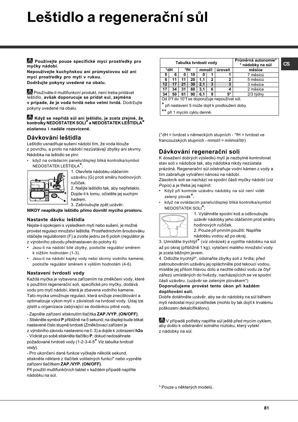 Letidlo a regeneraèní sùl, Dávkování letidla, Dávkování regeneraèní soli | Hotpoint Ariston PFT 834X User Manual | Page 81 / 84