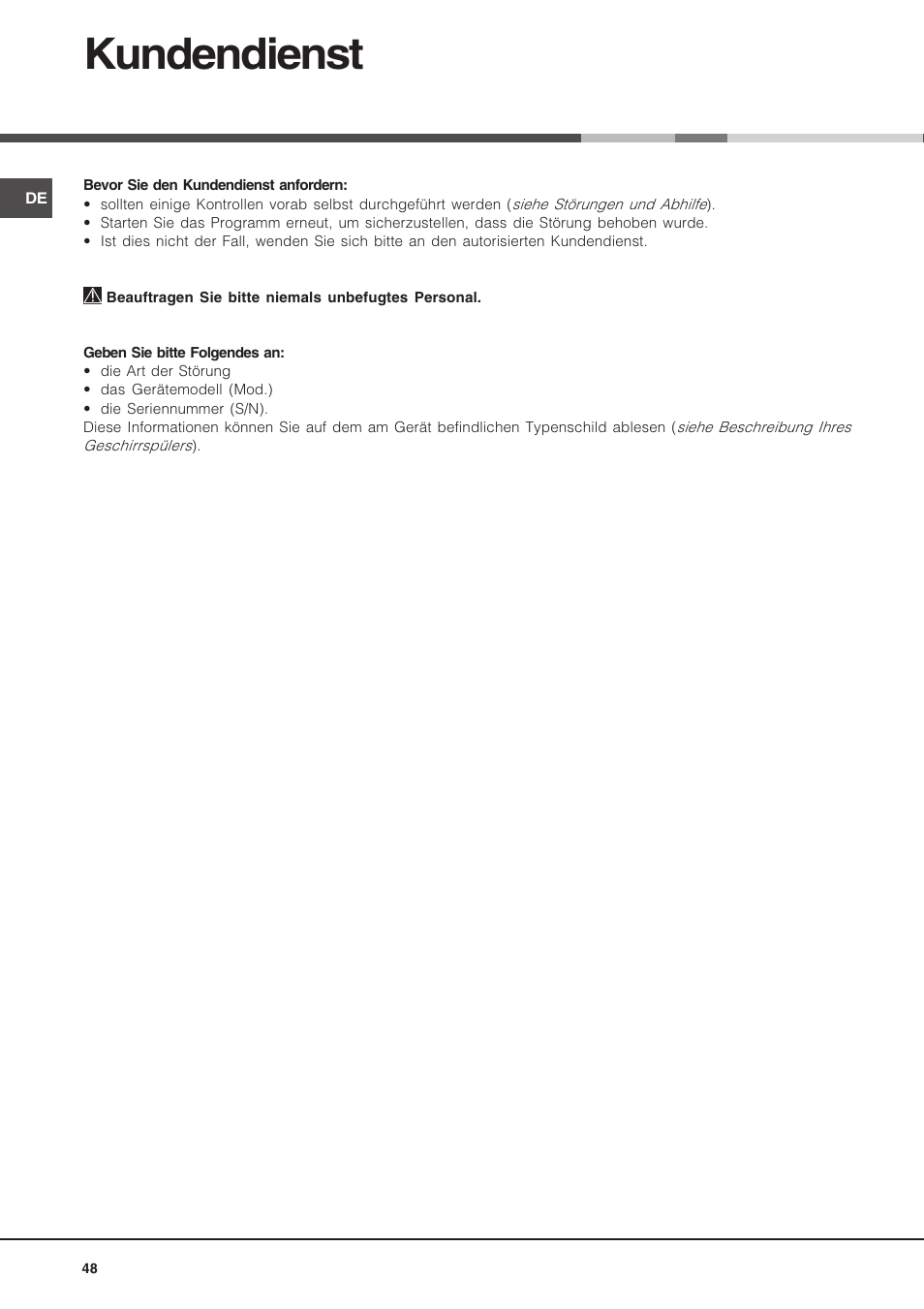 Kundendienst | Hotpoint Ariston LSP 720A X User Manual | Page 48 / 84