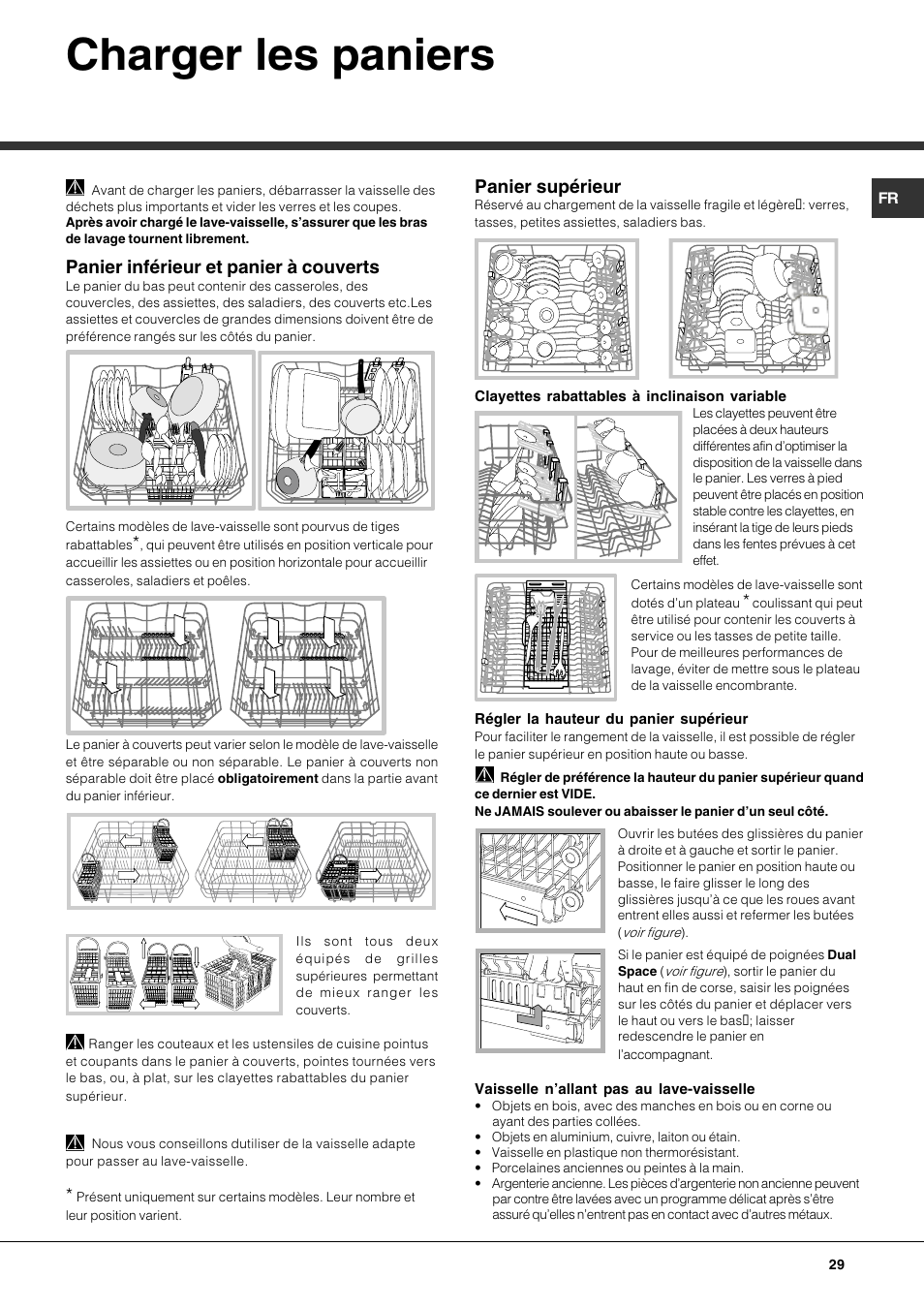 Charger les paniers, Panier inférieur et panier à couverts, Panier supérieur | Hotpoint Ariston LFTA++ H214 HX User Manual | Page 29 / 84