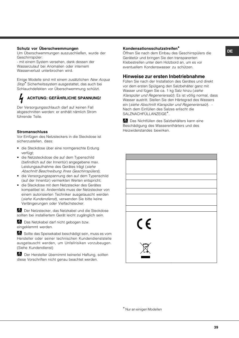 Hinweise zur ersten inbetriebnahme | Hotpoint Ariston LFTA++ H214 HX User Manual | Page 39 / 84