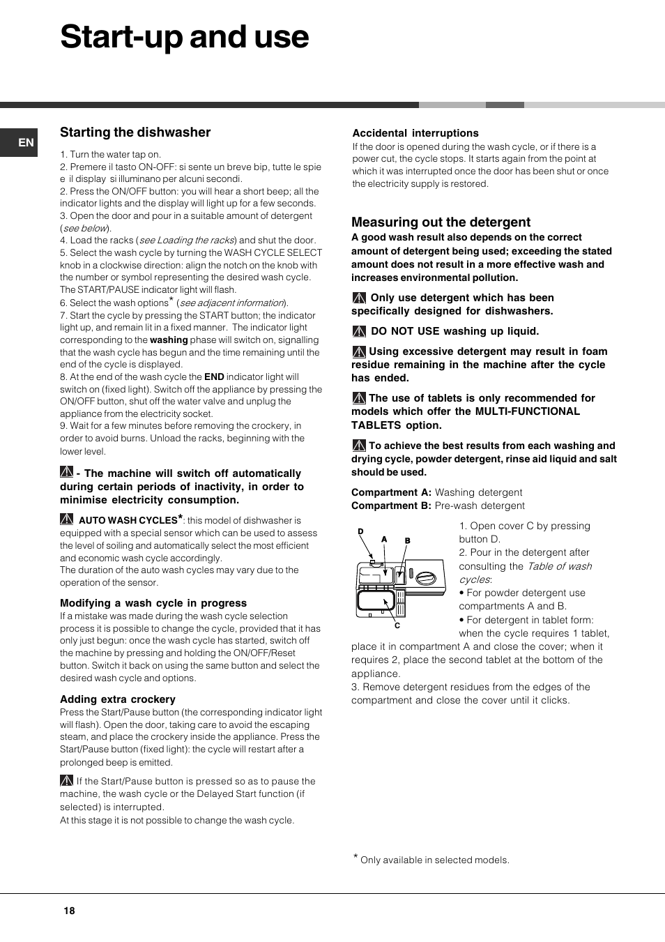 Start-up and use, Measuring out the detergent, Starting the dishwasher | Hotpoint Ariston PFK 724X User Manual | Page 18 / 84
