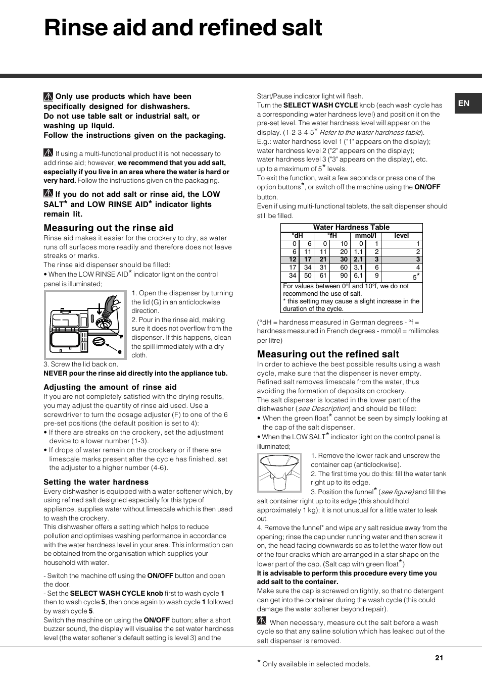 Rinse aid and refined salt, Measuring out the rinse aid, Measuring out the refined salt | Hotpoint Ariston PFK 724X User Manual | Page 21 / 84