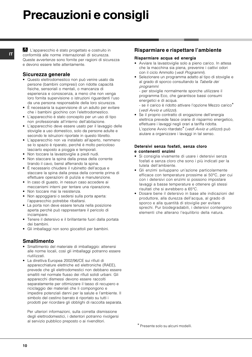 Precauzioni e consigli, Sicurezza generale, Smaltimento | Risparmiare e rispettare lambiente | Hotpoint Ariston LFT 116 A-HA User Manual | Page 10 / 84