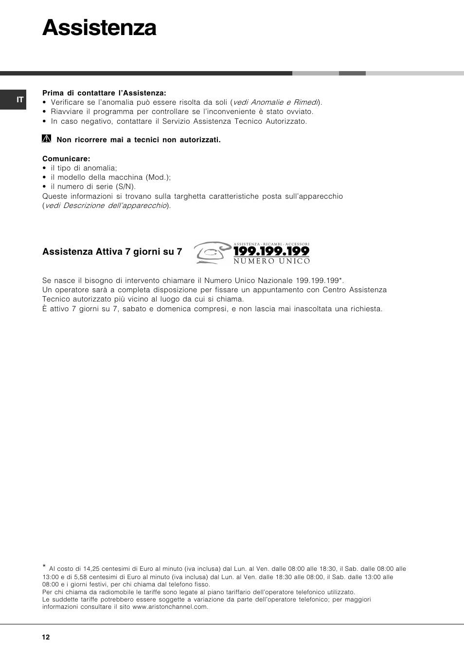 Assistenza | Hotpoint Ariston LFT 116 A-HA User Manual | Page 12 / 84