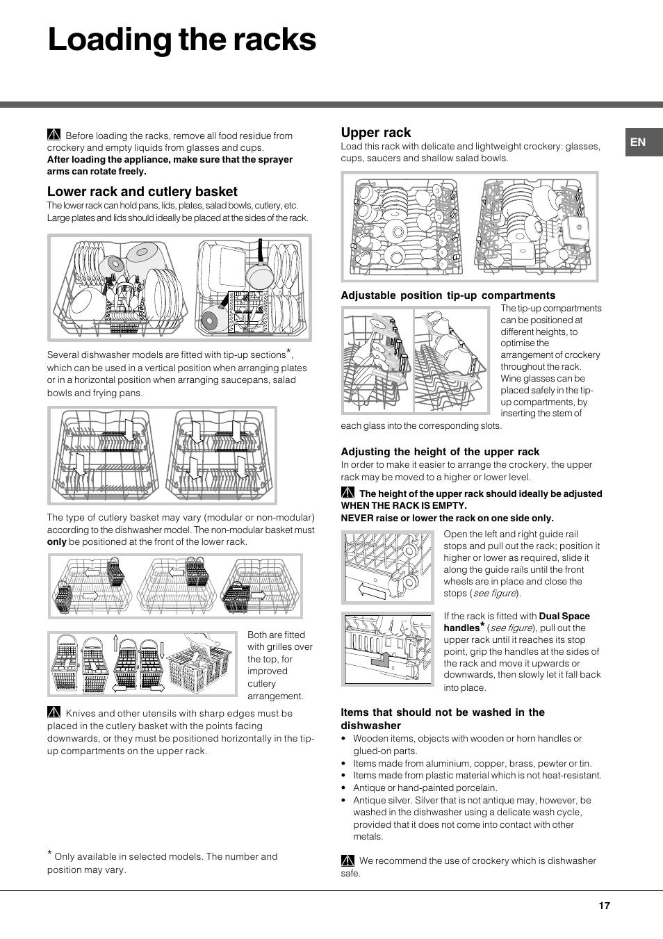 Loading the racks, Lower rack and cutlery basket, Upper rack | Hotpoint Ariston LFT 116 A-HA User Manual | Page 17 / 84