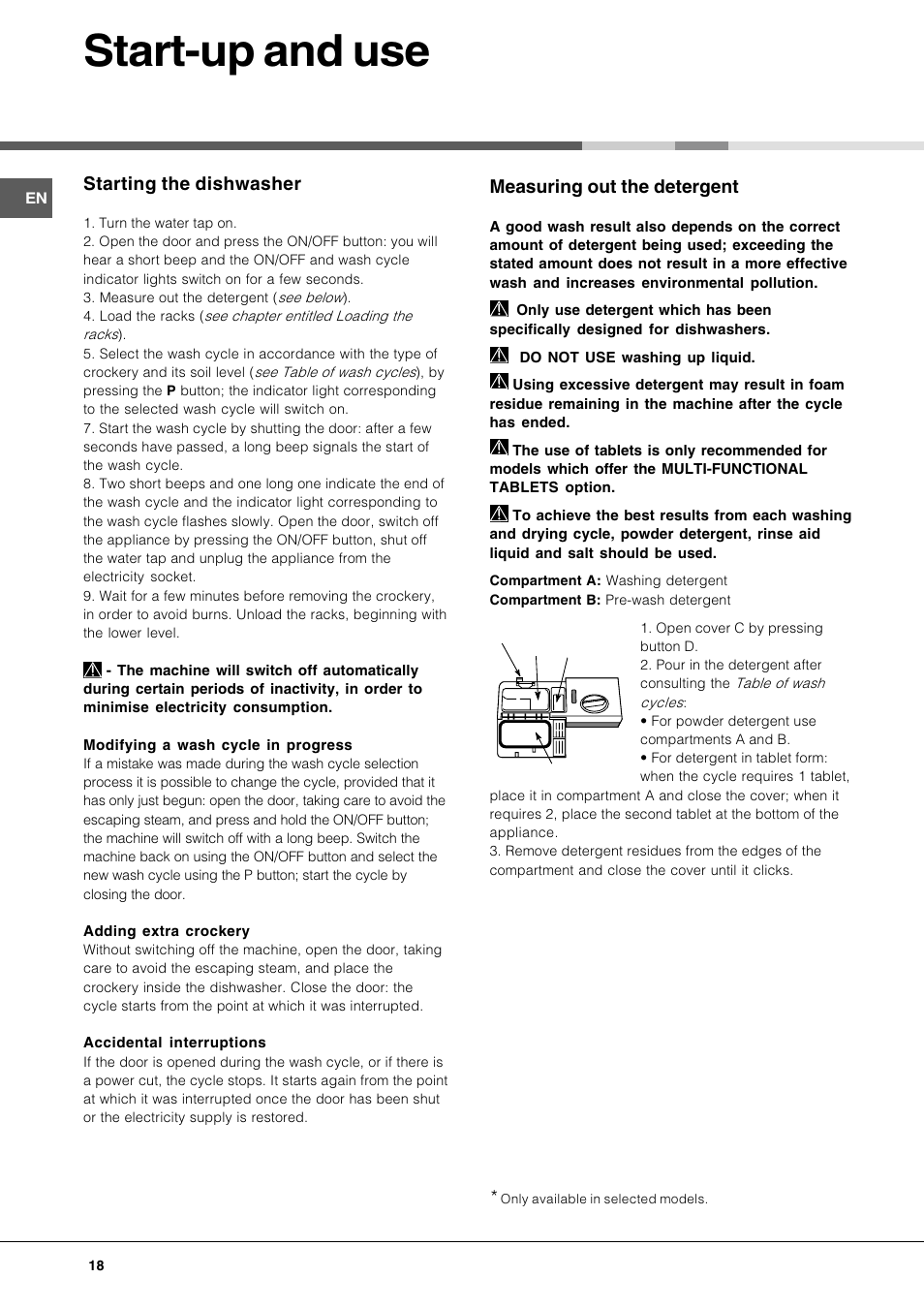 Start-up and use, Measuring out the detergent, Starting the dishwasher | Hotpoint Ariston LFT 116 A-HA User Manual | Page 18 / 84