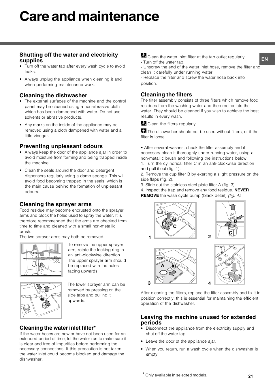 Care and maintenance, Shutting off the water and electricity supplies, Cleaning the dishwasher | Preventing unpleasant odours, Cleaning the sprayer arms, Cleaning the water inlet filter, Cleaning the filters, Leaving the machine unused for extended periods | Hotpoint Ariston LFT 116 A-HA User Manual | Page 21 / 84