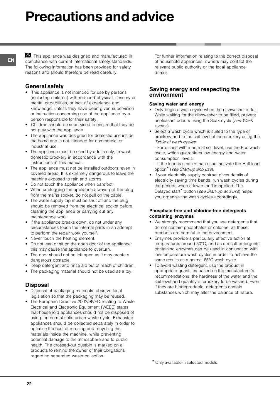 Precautions and advice, General safety, Disposal | Saving energy and respecting the environment | Hotpoint Ariston LFT 116 A-HA User Manual | Page 22 / 84