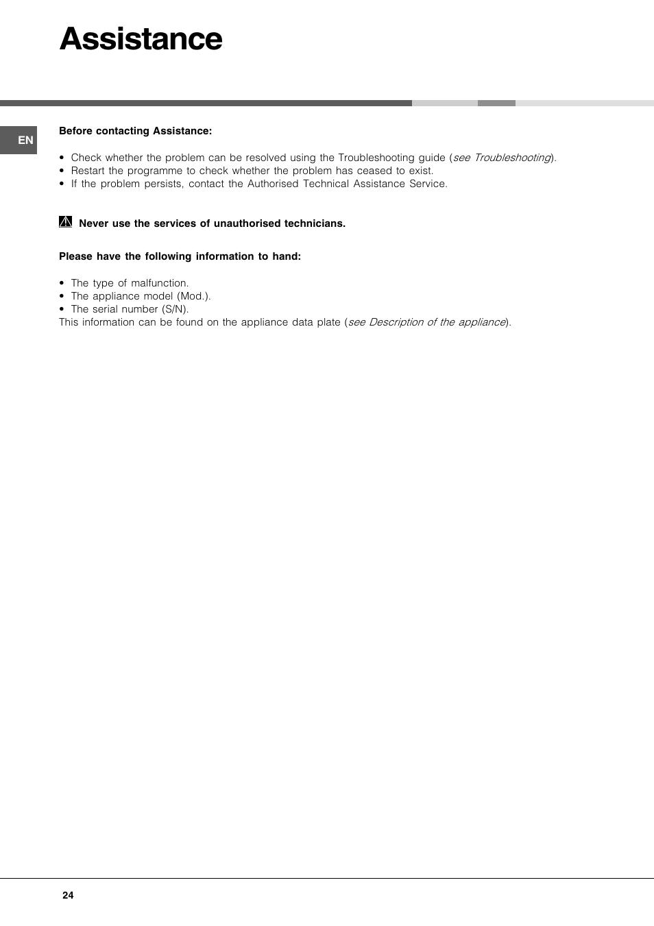 Assistance | Hotpoint Ariston LFT 116 A-HA User Manual | Page 24 / 84
