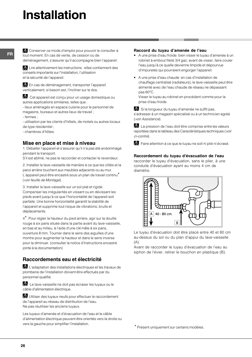 Installation, Mise en place et mise à niveau, Raccordements eau et électricité | Hotpoint Ariston LFT 116 A-HA User Manual | Page 26 / 84