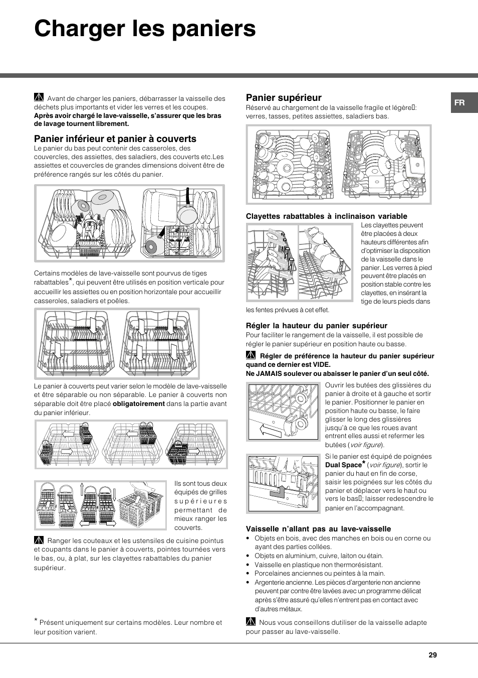 Charger les paniers, Panier inférieur et panier à couverts, Panier supérieur | Hotpoint Ariston LFT 116 A-HA User Manual | Page 29 / 84