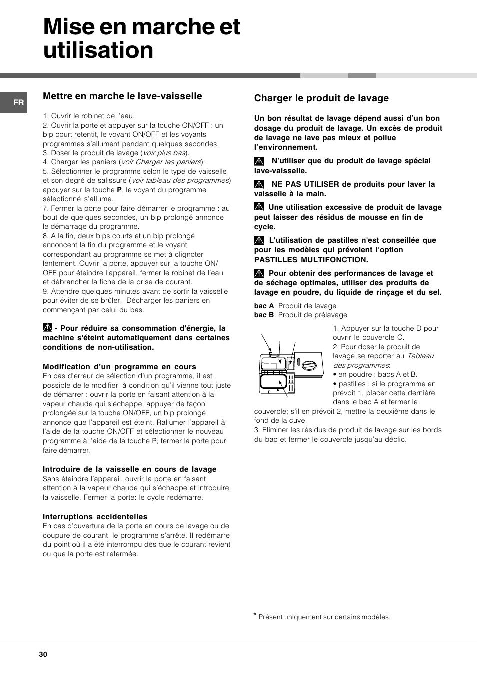 Mise en marche et utilisation, Charger le produit de lavage, Mettre en marche le lave-vaisselle | Hotpoint Ariston LFT 116 A-HA User Manual | Page 30 / 84