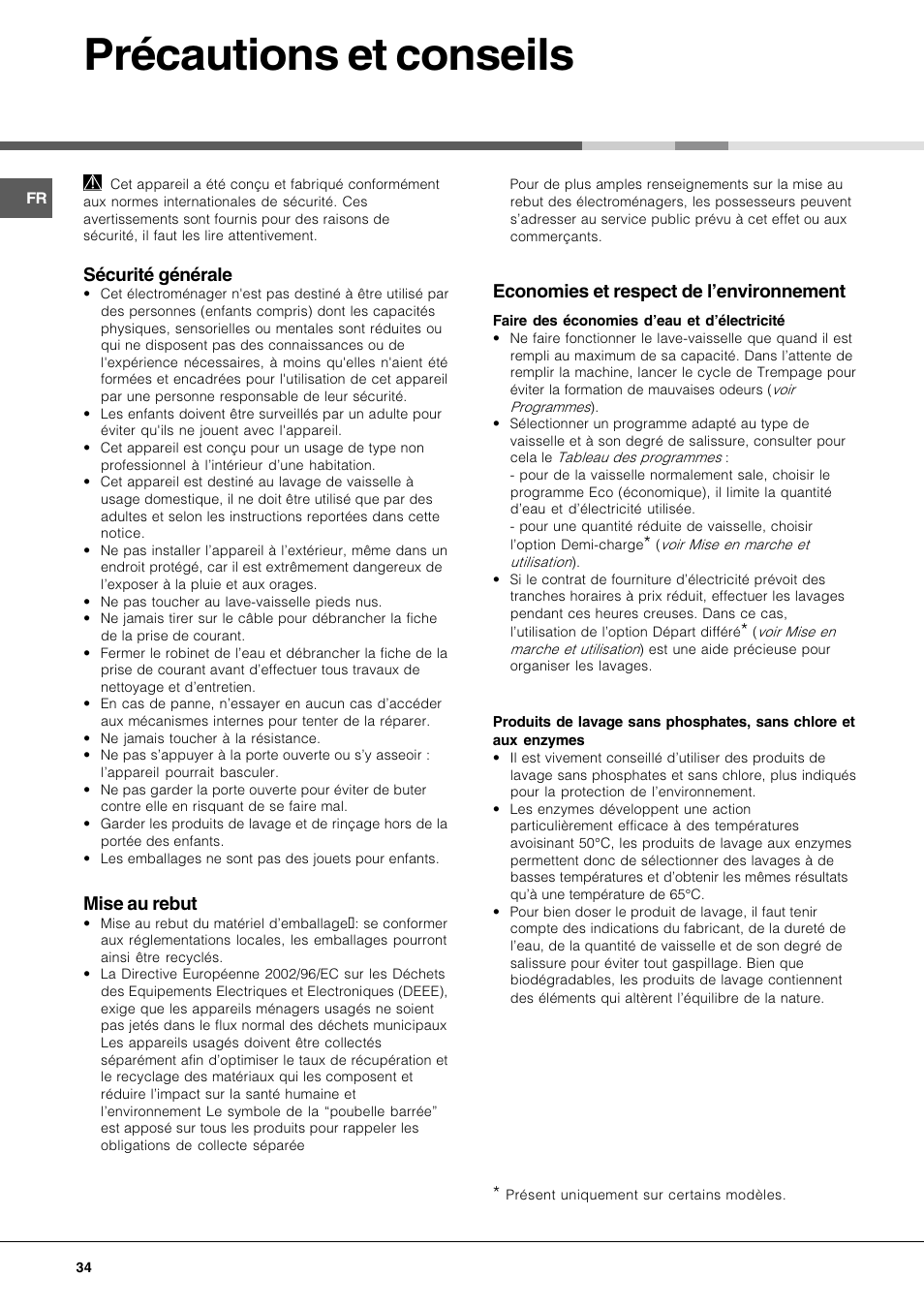 Précautions et conseils, Sécurité générale, Mise au rebut | Economies et respect de lenvironnement | Hotpoint Ariston LFT 116 A-HA User Manual | Page 34 / 84