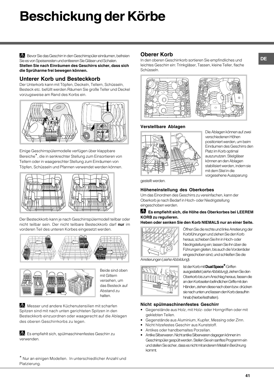 Beschickung der körbe, Unterer korb und besteckkorb, Oberer korb | Hotpoint Ariston LFT 116 A-HA User Manual | Page 41 / 84