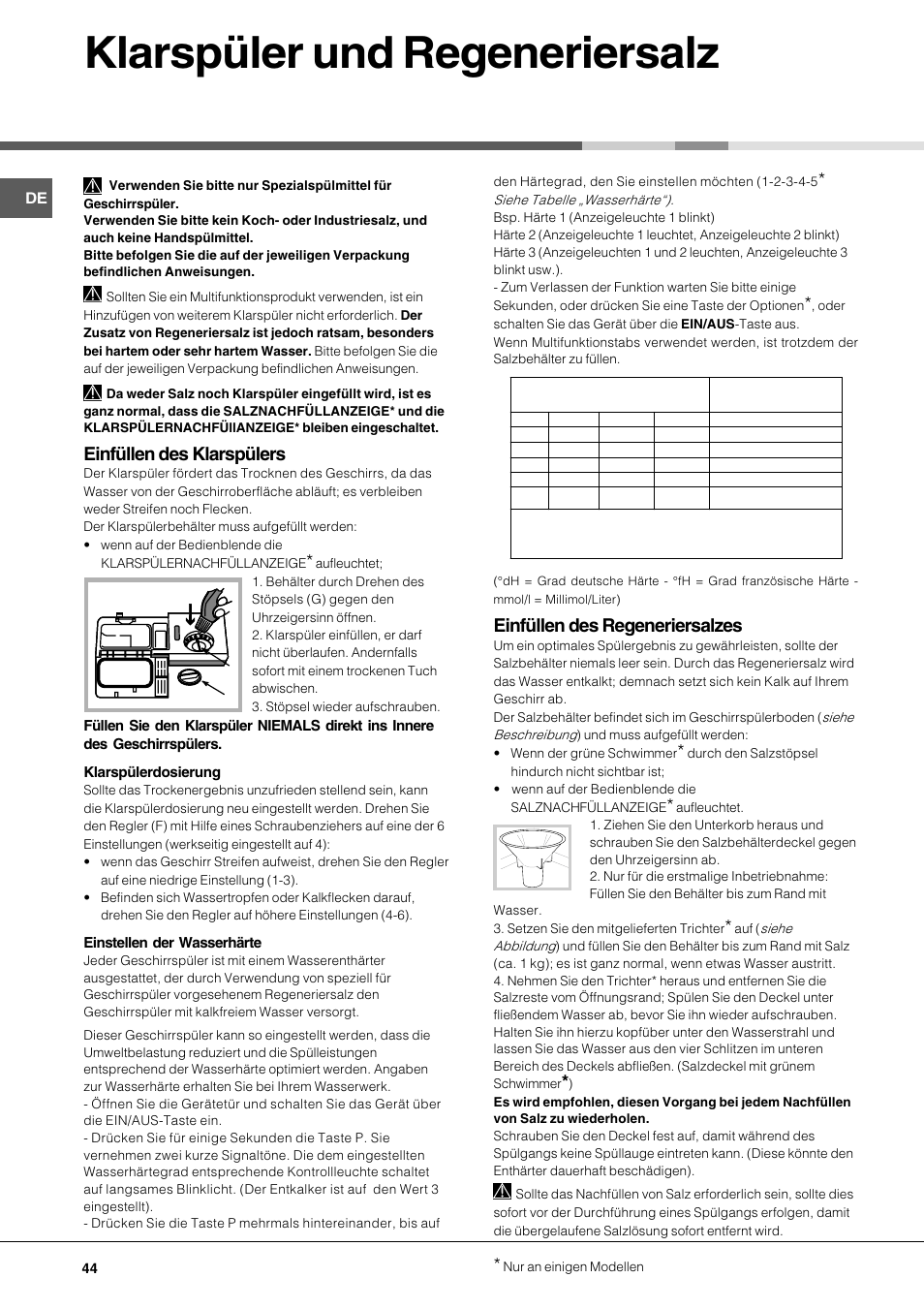 Klarspüler und regeneriersalz, Einfüllen des klarspülers, Einfüllen des regeneriersalzes | Hotpoint Ariston LFT 116 A-HA User Manual | Page 44 / 84