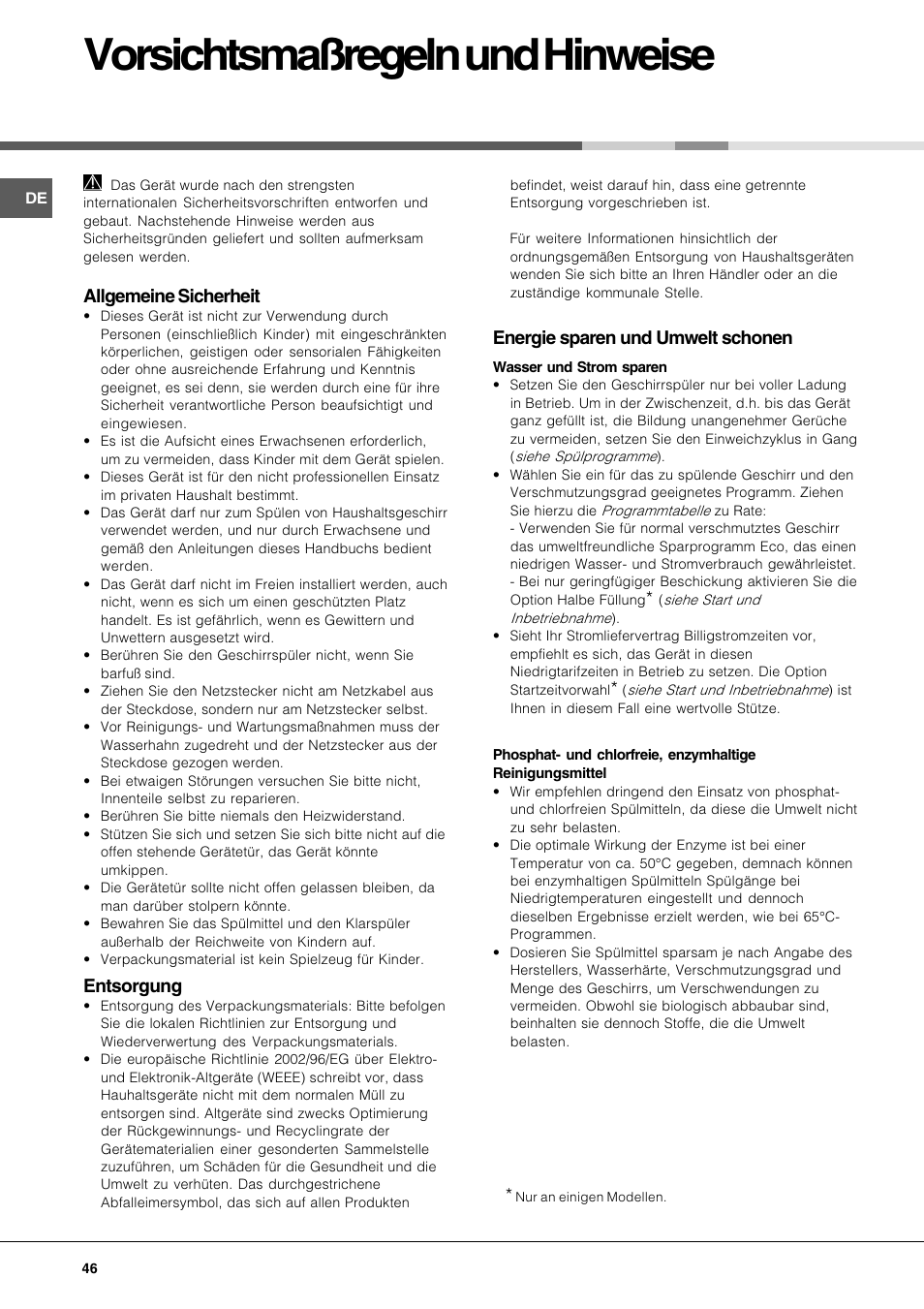 Vorsichtsmaßregeln und hinweise, Allgemeine sicherheit, Entsorgung | Energie sparen und umwelt schonen | Hotpoint Ariston LFT 116 A-HA User Manual | Page 46 / 84