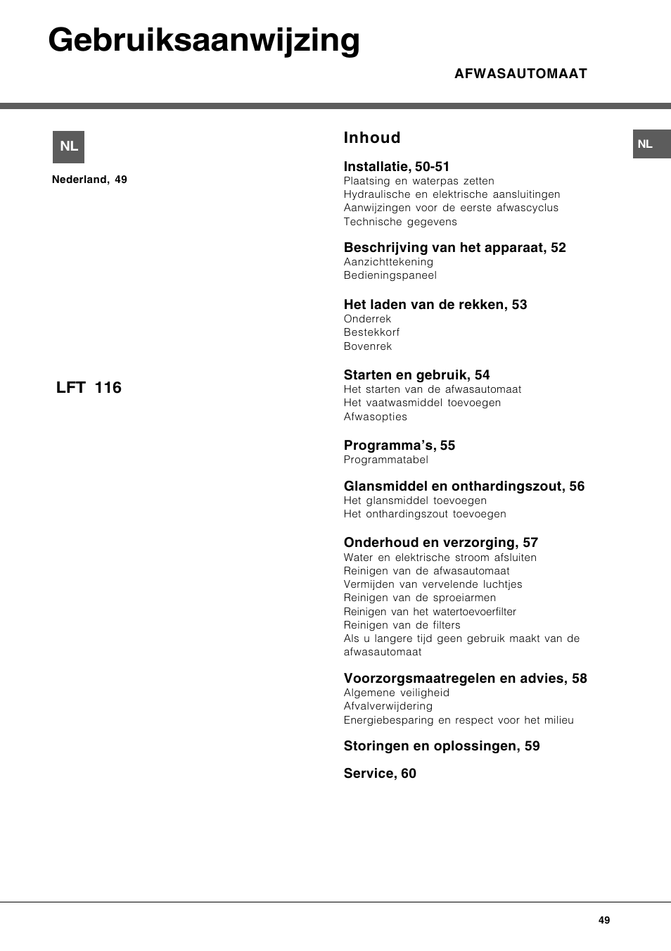 Gebruiksaanwijzing, Inhoud, Lft 116 | Hotpoint Ariston LFT 116 A-HA User Manual | Page 49 / 84