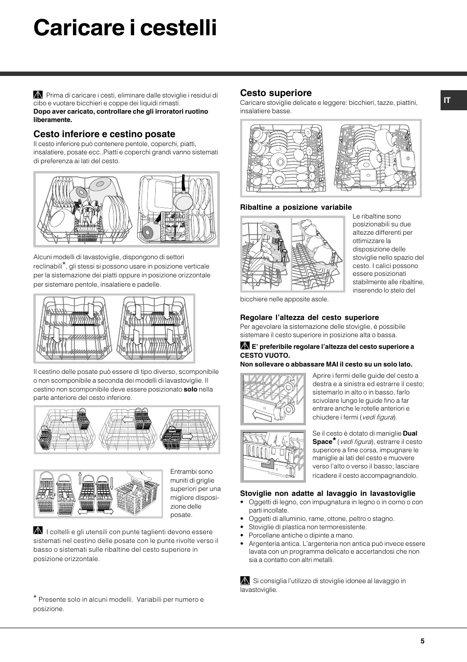 Caricare i cestelli, Cesto inferiore e cestino posate, Cesto superiore | Hotpoint Ariston LFT 116 A-HA User Manual | Page 5 / 84
