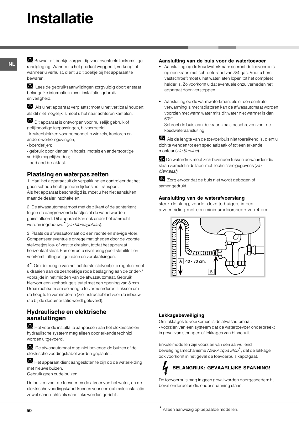 Installatie, Plaatsing en waterpas zetten, Hydraulische en elektrische aansluitingen | Hotpoint Ariston LFT 116 A-HA User Manual | Page 50 / 84