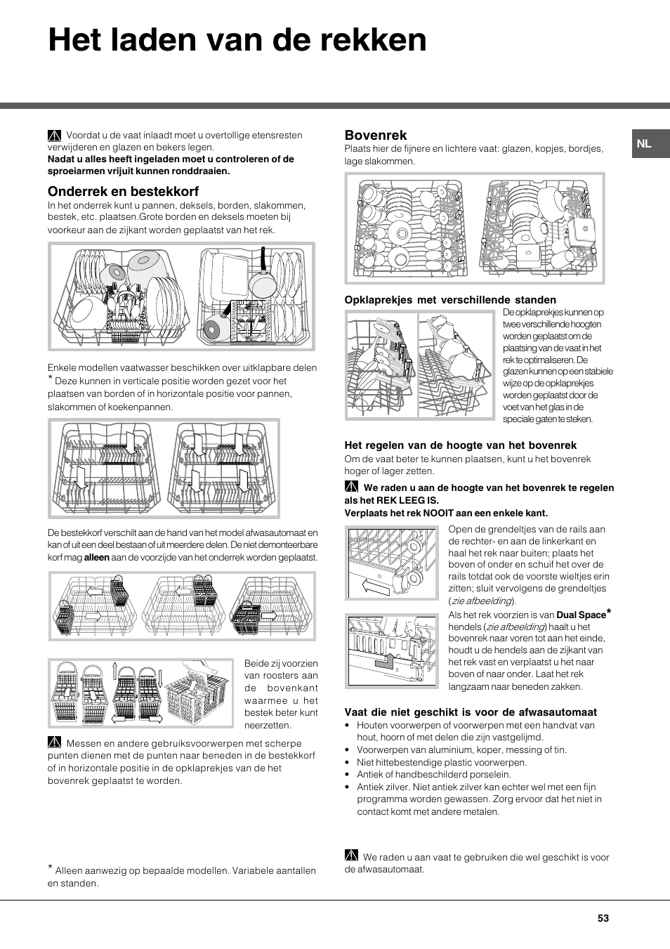 Het laden van de rekken, Onderrek en bestekkorf, Bovenrek | Hotpoint Ariston LFT 116 A-HA User Manual | Page 53 / 84