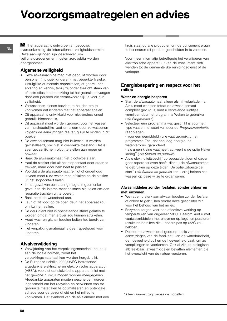 Voorzorgsmaatregelen en advies, Algemene veiligheid, Afvalverwijdering | Energiebesparing en respect voor het milieu | Hotpoint Ariston LFT 116 A-HA User Manual | Page 58 / 84