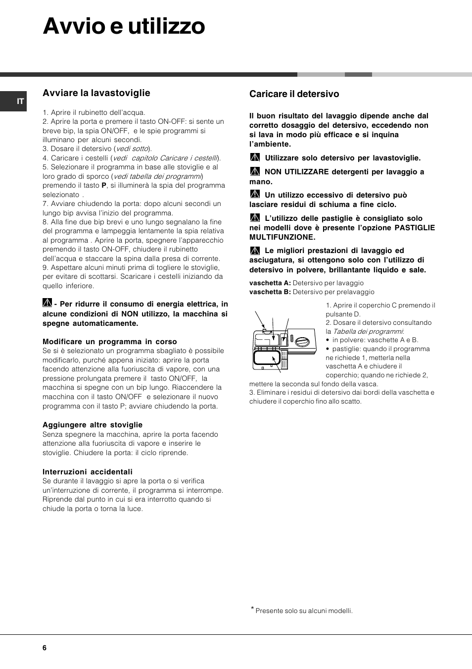 Avvio e utilizzo, Avviare la lavastoviglie, Caricare il detersivo | Hotpoint Ariston LFT 116 A-HA User Manual | Page 6 / 84