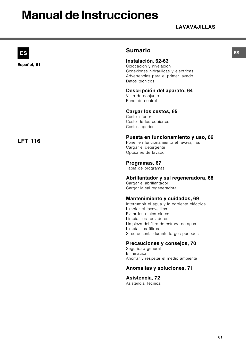 Manual de instrucciones, Sumario, Lft 116 | Hotpoint Ariston LFT 116 A-HA User Manual | Page 61 / 84