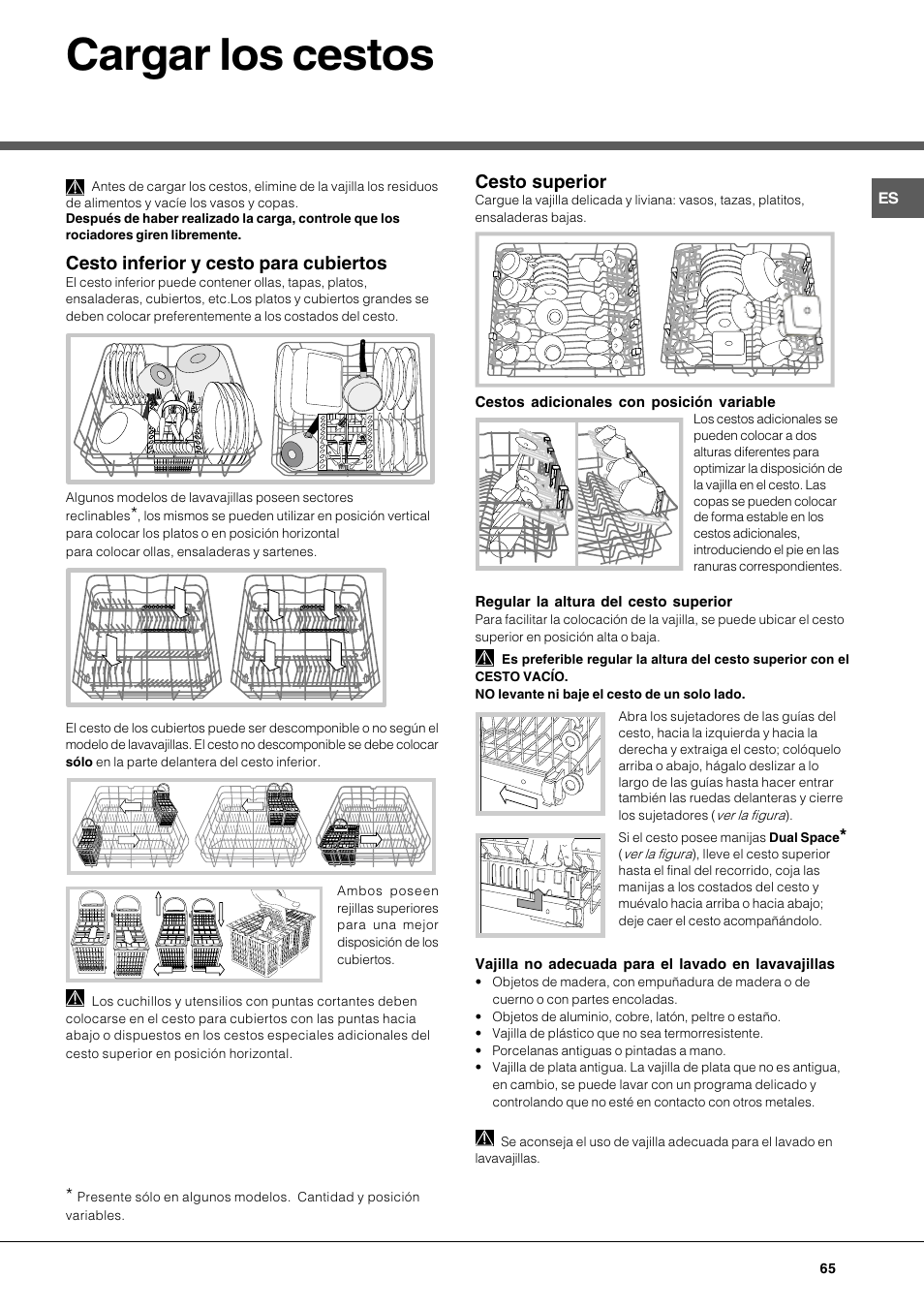Cargar los cestos, Cesto superior, Cesto inferior y cesto para cubiertos | Hotpoint Ariston LFT 116 A-HA User Manual | Page 65 / 84