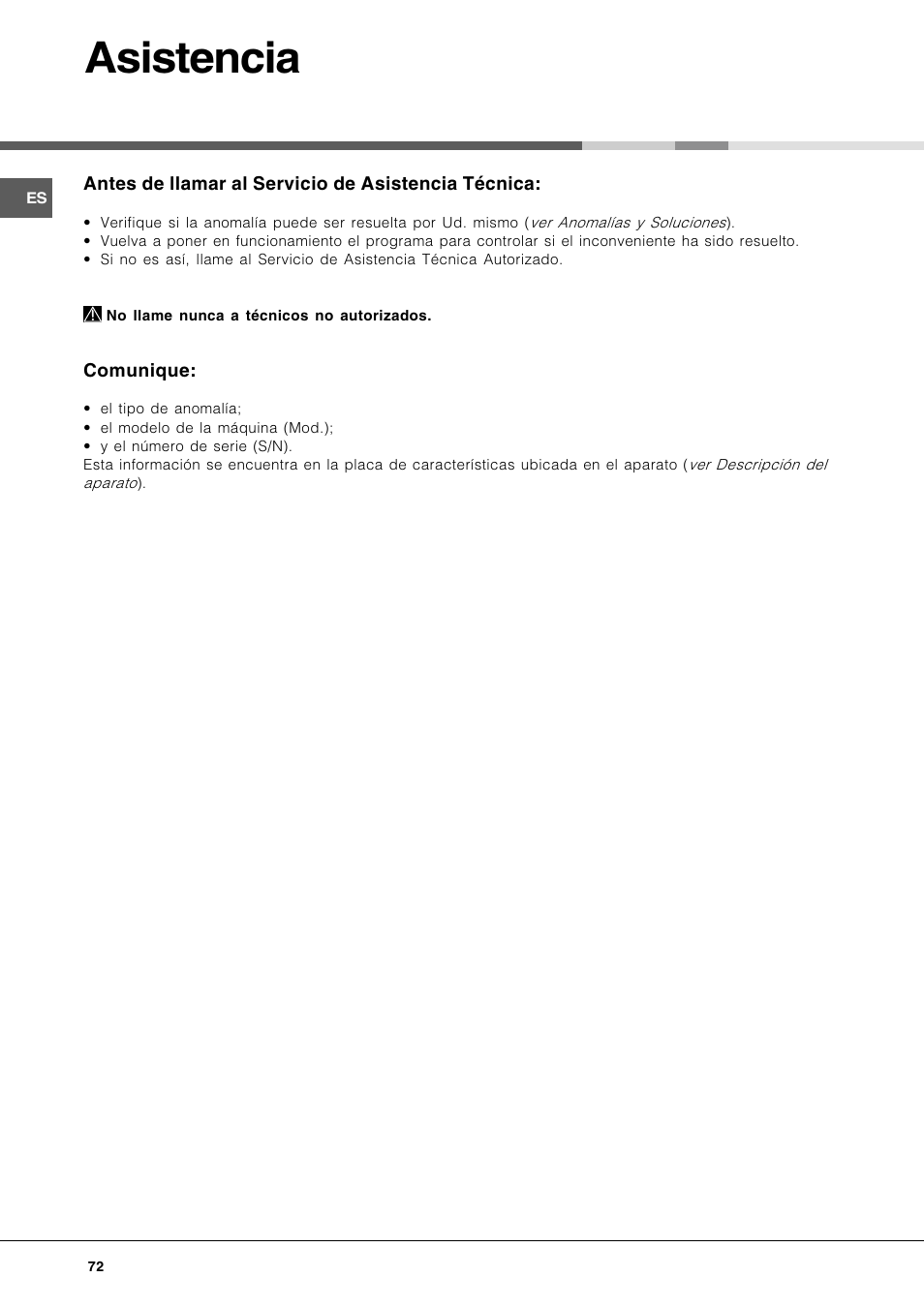Asistencia | Hotpoint Ariston LFT 116 A-HA User Manual | Page 72 / 84