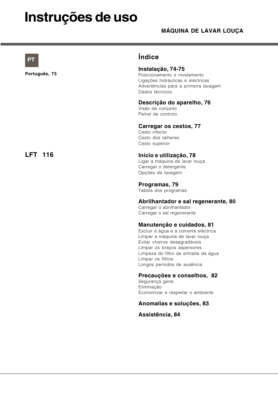 Instruções de uso, Índice, Lft 116 | Hotpoint Ariston LFT 116 A-HA User Manual | Page 73 / 84