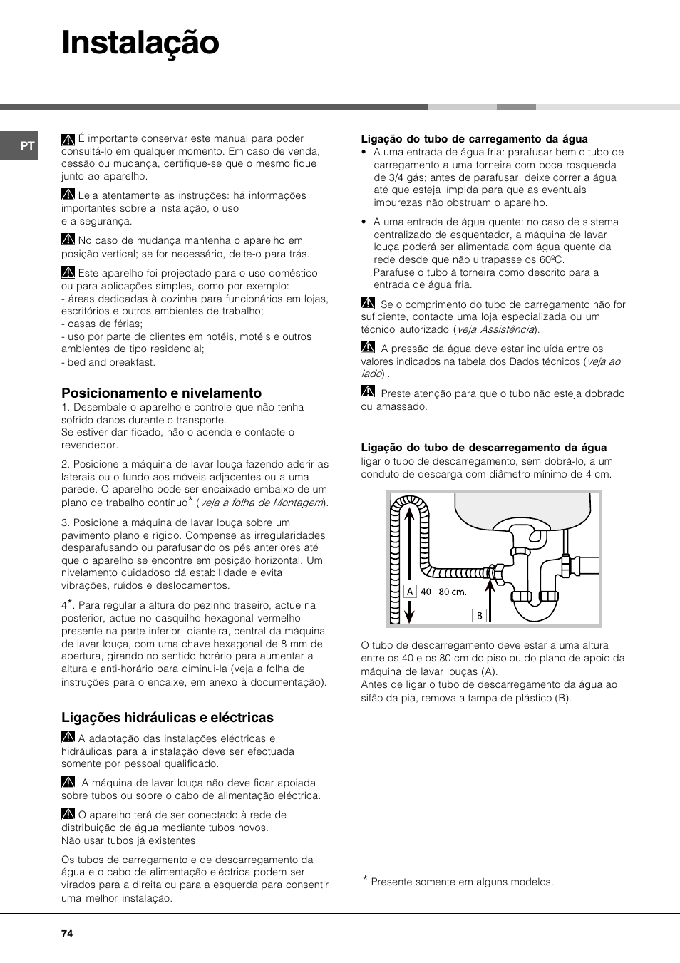 Instalação, Posicionamento e nivelamento, Ligações hidráulicas e eléctricas | Hotpoint Ariston LFT 116 A-HA User Manual | Page 74 / 84