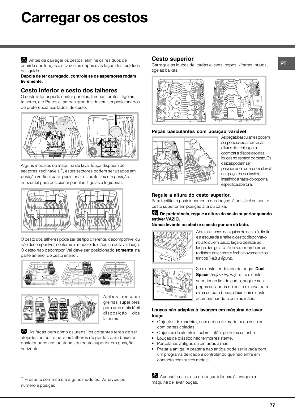 Carregar os cestos, Cesto inferior e cesto dos talheres, Cesto superior | Hotpoint Ariston LFT 116 A-HA User Manual | Page 77 / 84