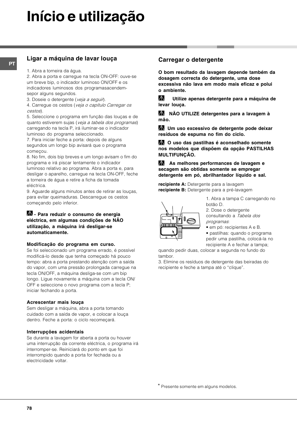 Início e utilização, Carregar o detergente, Ligar a máquina de lavar louça | Hotpoint Ariston LFT 116 A-HA User Manual | Page 78 / 84