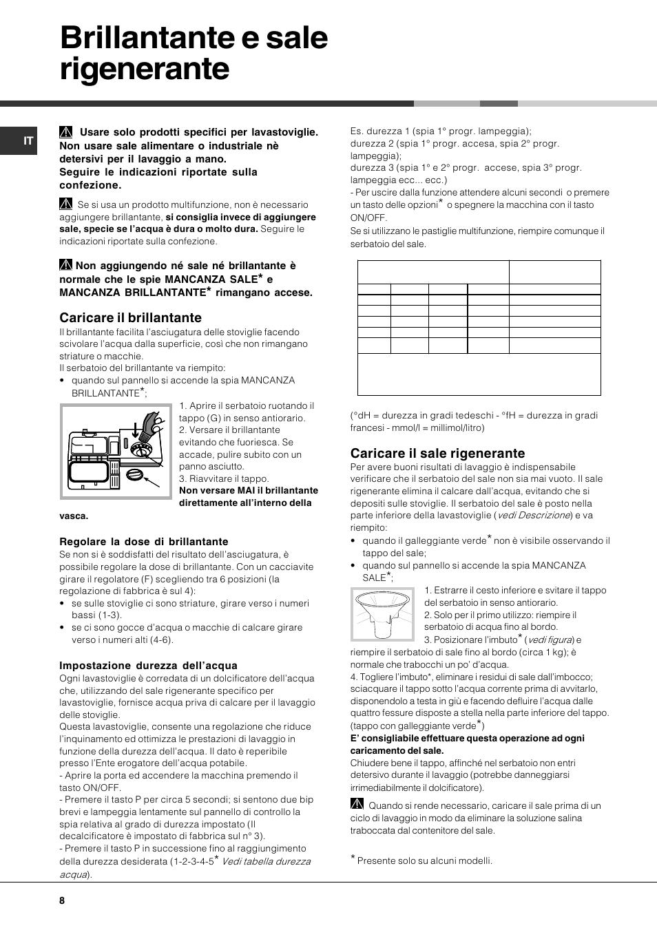 Brillantante e sale rigenerante, Caricare il brillantante, Caricare il sale rigenerante | Hotpoint Ariston LFT 116 A-HA User Manual | Page 8 / 84