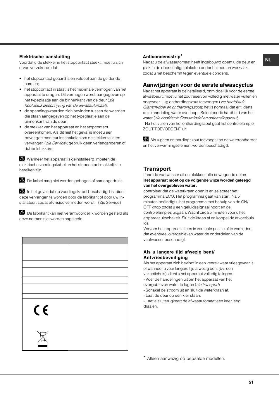Aanwijzingen voor de eerste afwascyclus, Transport | Hotpoint Ariston LFT7 H204 HX User Manual | Page 51 / 84