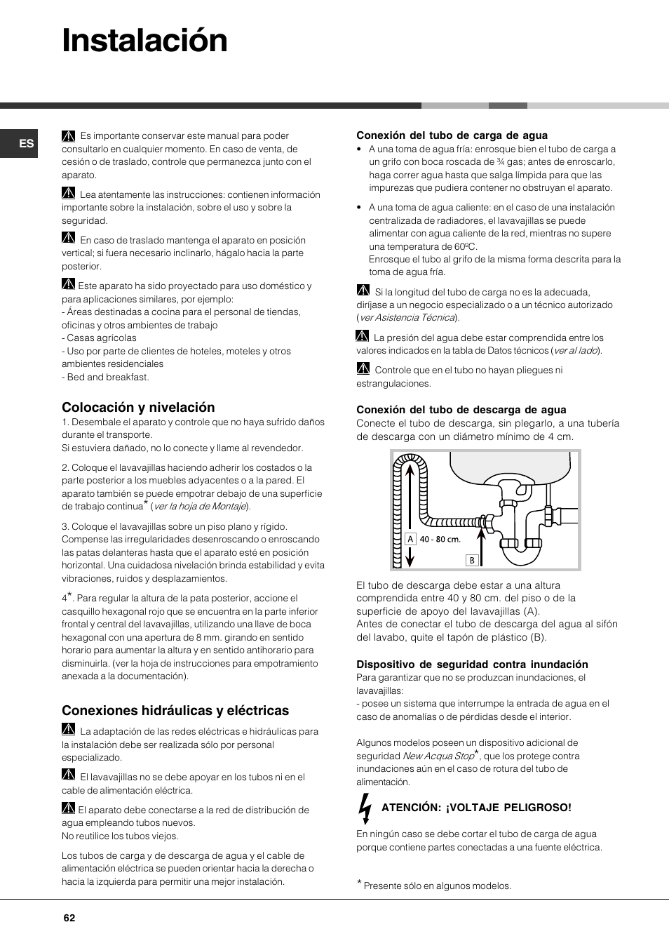 Instalación, Colocación y nivelación, Conexiones hidráulicas y eléctricas | Hotpoint Ariston LFT7 H204 HX User Manual | Page 62 / 84