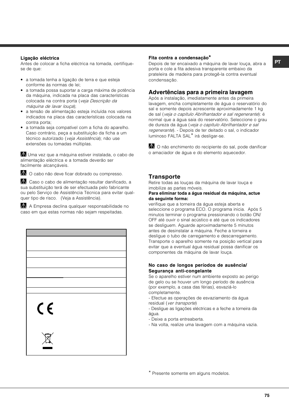 Advertências para a primeira lavagem, Transporte | Hotpoint Ariston LFT7 H204 HX User Manual | Page 75 / 84