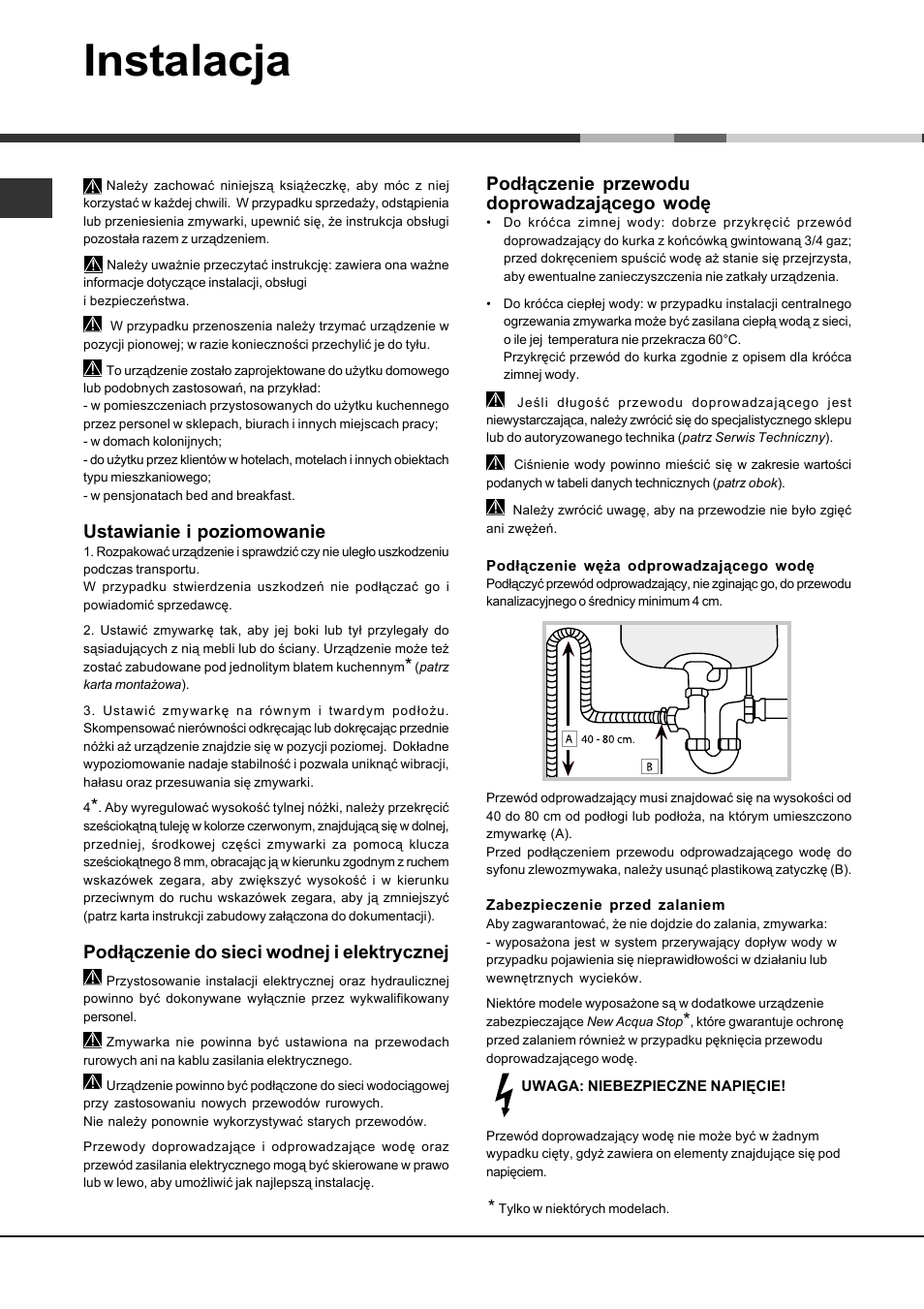 Instalacja, Ustawianie i poziomowanie, Podłączenie do sieci wodnej i elektrycznej | Podłączenie przewodu doprowadzającego wodę | Hotpoint Ariston LST 114-HA User Manual | Page 74 / 84