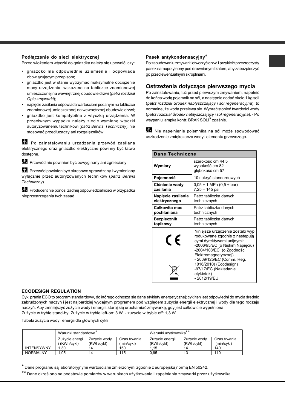 Ostrzeżenia dotyczące pierwszego mycia | Hotpoint Ariston LST 114-HA User Manual | Page 75 / 84