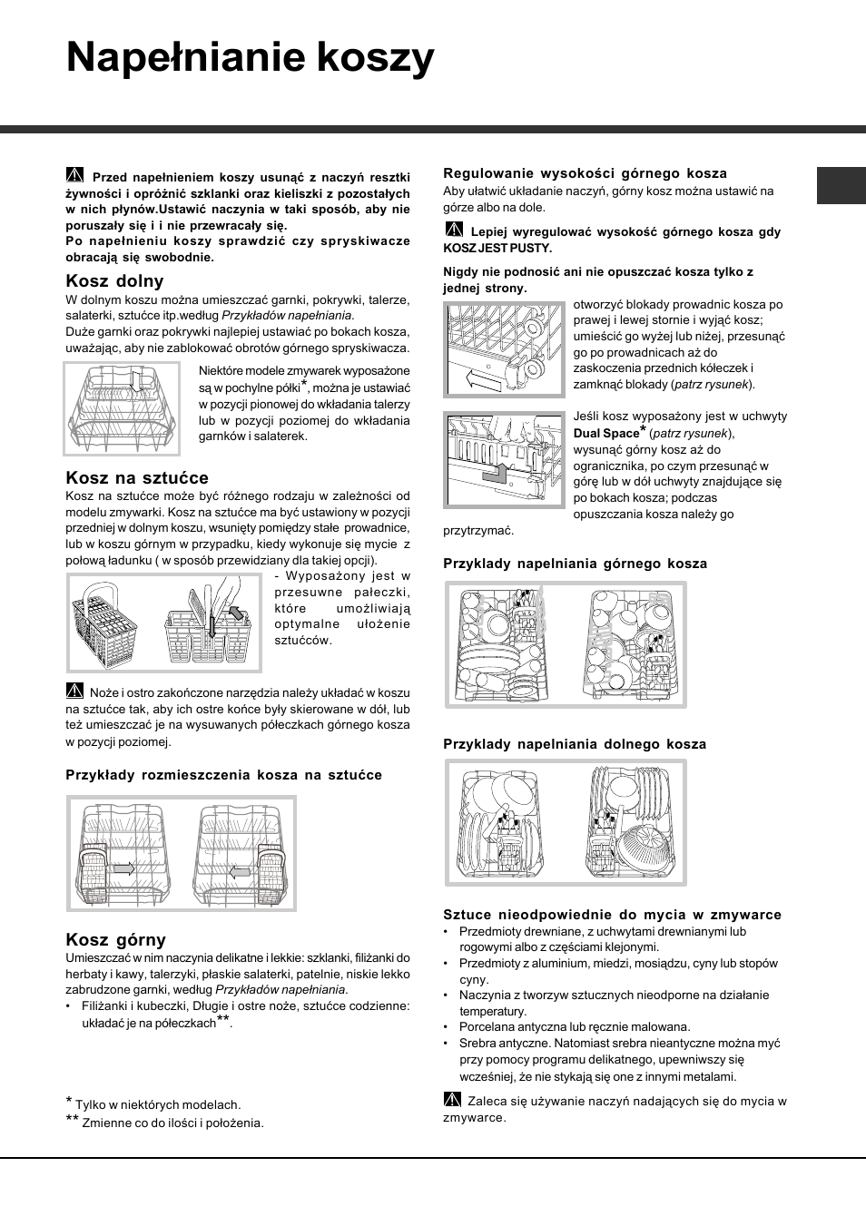 Napełnianie koszy, Kosz dolny, Kosz na sztućce | Kosz górny | Hotpoint Ariston LST 114-HA User Manual | Page 77 / 84