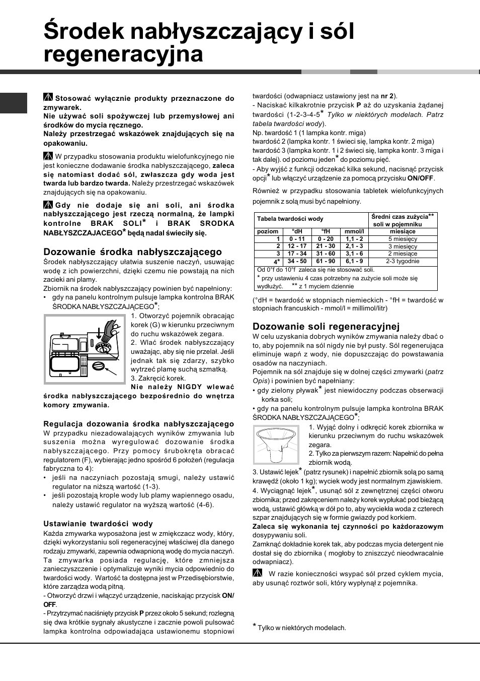 Środek nabłyszczający i sól regeneracyjna, Dozowanie środka nabłyszczającego, Dozowanie soli regeneracyjnej | Hotpoint Ariston LST 114-HA User Manual | Page 80 / 84
