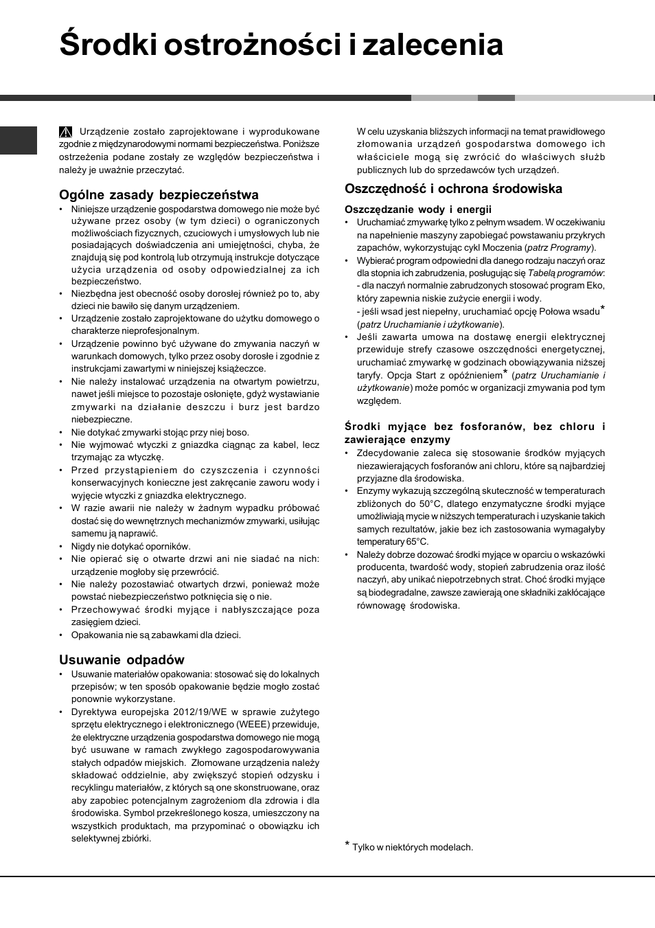 Środki ostrożności i zalecenia, Ogólne zasady bezpieczeństwa, Usuwanie odpadów | Oszczędność i ochrona środowiska | Hotpoint Ariston LST 114-HA User Manual | Page 82 / 84