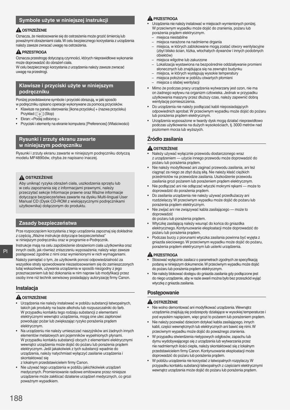 Instalacja, Źródło zasilania, Postępowanie | Pl symbole użyte w niniejszej instrukcji, Zasady bezpieczeństwa | Canon i-SENSYS MF4870dn User Manual | Page 188 / 292