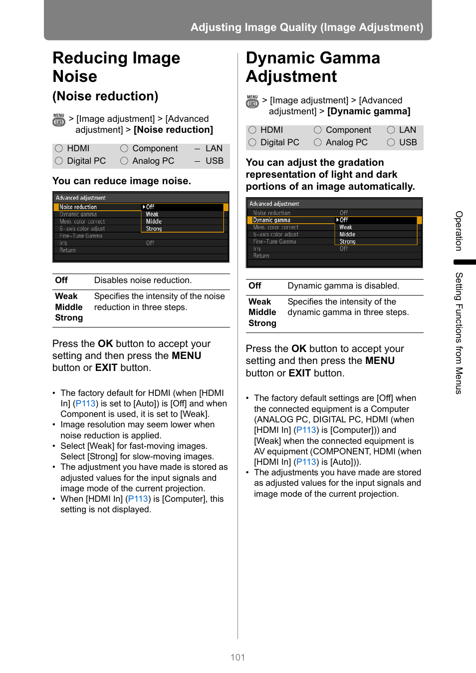 Reducing image noise (noise reduction), Dynamic gamma adjustment, P101 | Reducing image noise, Noise reduction), Adjusting image quality (image adjustment) | Canon XEED WUX450 User Manual | Page 101 / 308