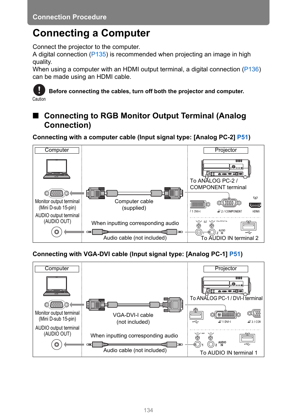 Connecting a computer, Connecting to the computer, P134 | Computer | Canon XEED WUX450 User Manual | Page 134 / 308