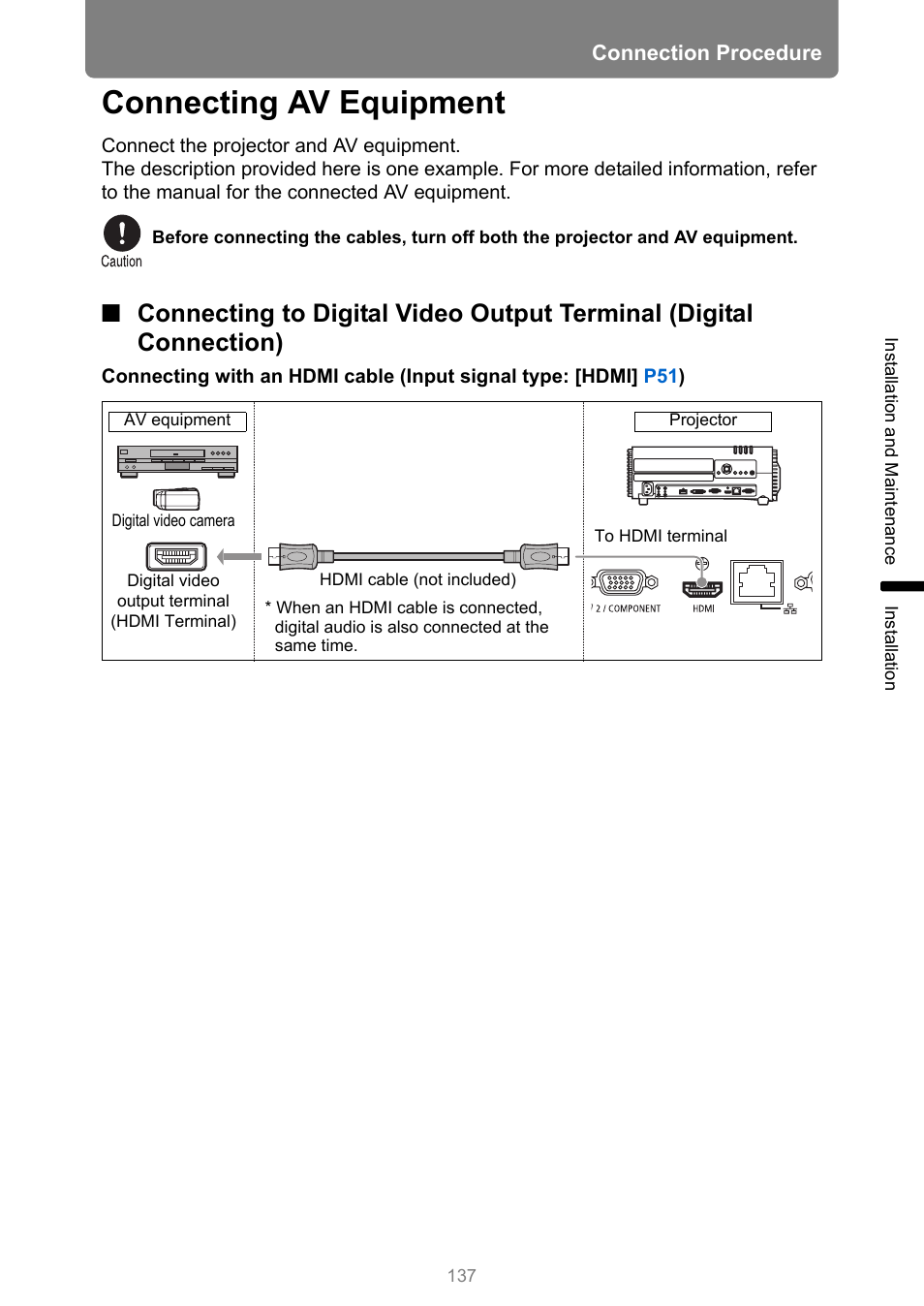 Connecting av equipment, P137, V equipment | Canon XEED WUX450 User Manual | Page 137 / 308