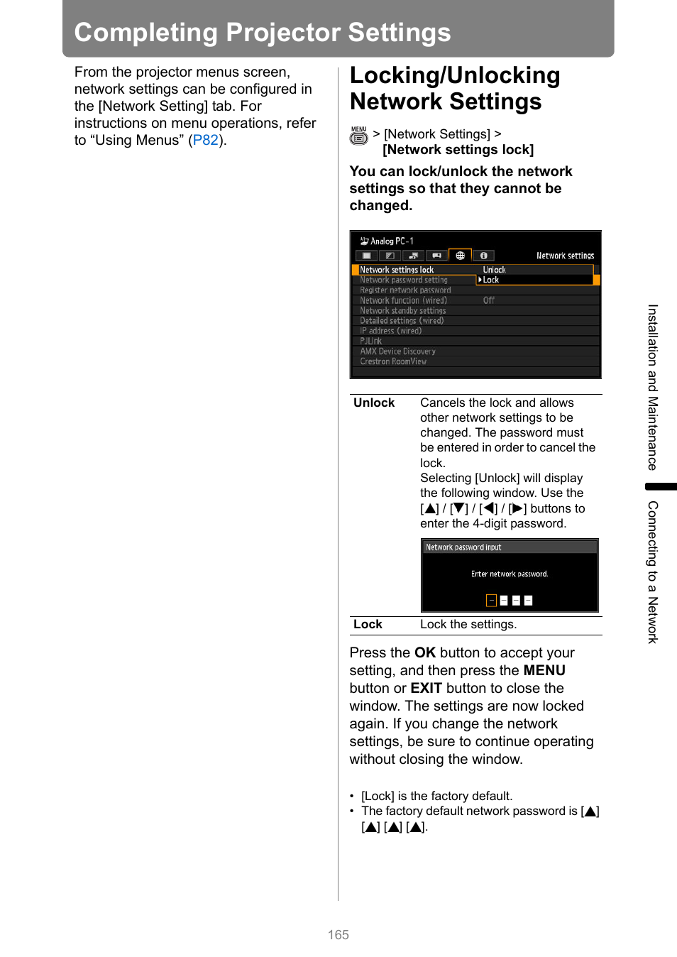 Completing projector settings, Locking/unlocking network settings, P165 | Canon XEED WUX450 User Manual | Page 165 / 308