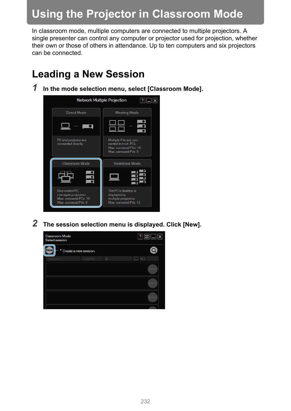 Using the projector in classroom mode, Leading a new session | Canon XEED WUX450 User Manual | Page 232 / 308